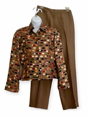 Brown Silk Button-front Blouse and Matching Pants Suit Set Size 4 Retro Vintage